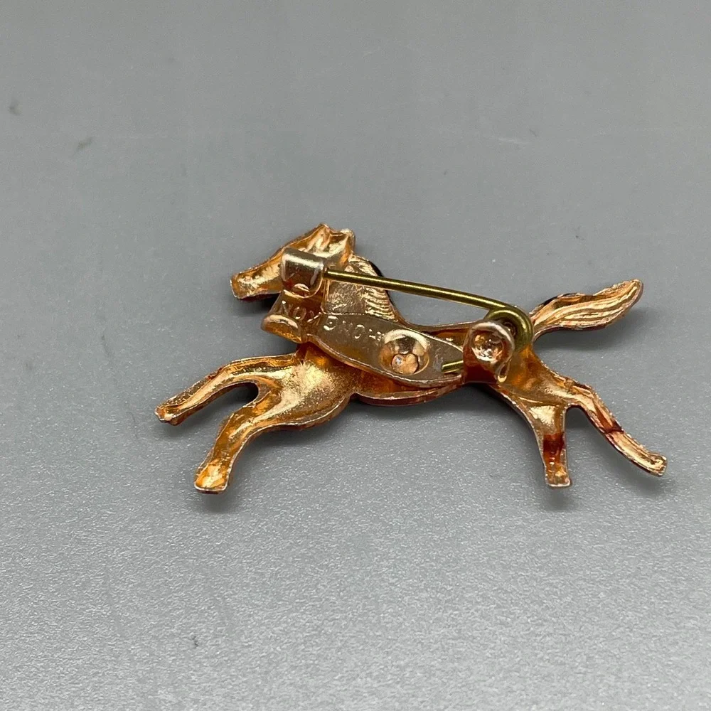 Vintage Enamel Horse Brooch Gold Tone Red Brown Galloping Stallion Pin Hong Kong